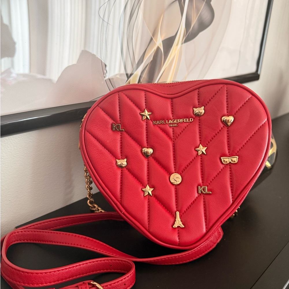 Karl Lagerfeld Red Heart-Shaped Quilted Crossbody Bag with Gold Accents